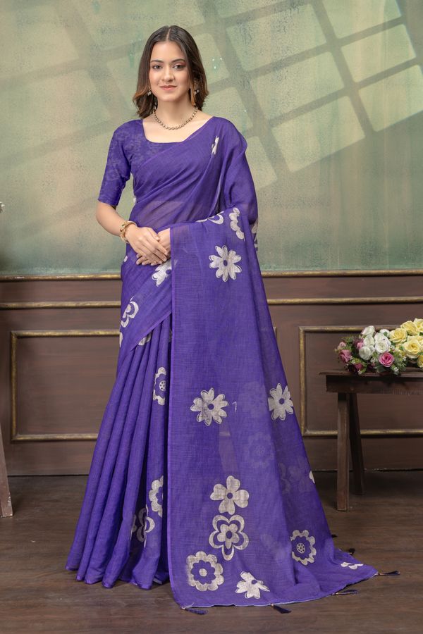 Elegant Purple Linen Cotton Saree with Floral Silver Motifs