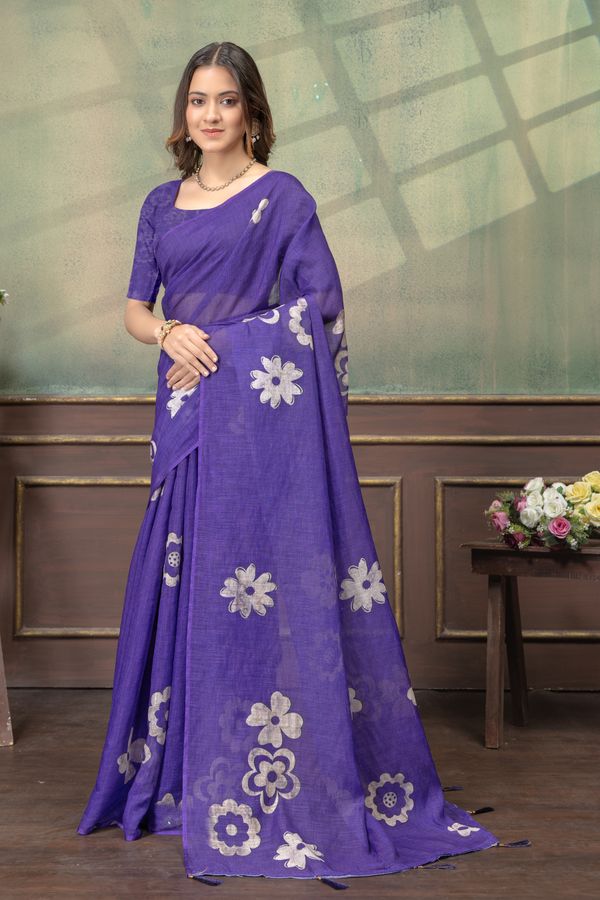 Elegant Purple Linen Cotton Saree with Floral Silver Motifs