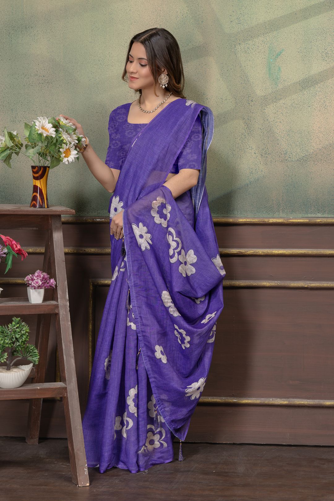 Elegant Purple Linen Cotton Saree with Floral Silver Motifs