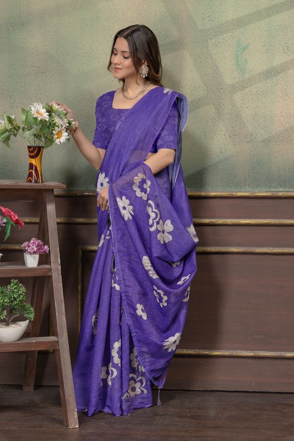 Elegant Purple Linen Cotton Saree with Floral Silver Motifs