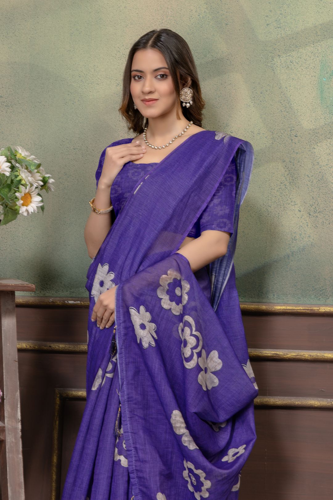 Elegant Purple Linen Cotton Saree with Floral Silver Motifs