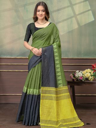 Olive Green Linen Cotton Saree with Black Yellow Pallu