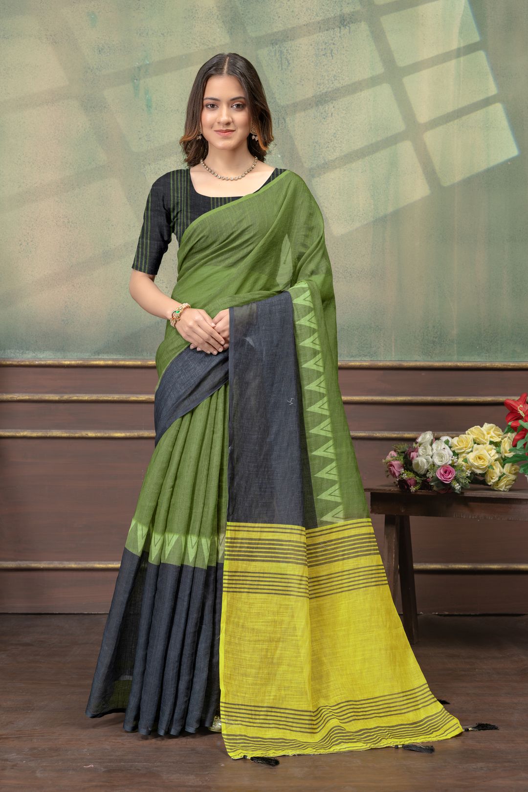 Olive Green Linen Cotton Saree with Black Yellow Pallu