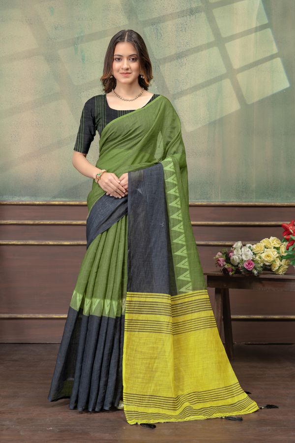 Olive Green Linen Cotton Saree with Black Yellow Pallu