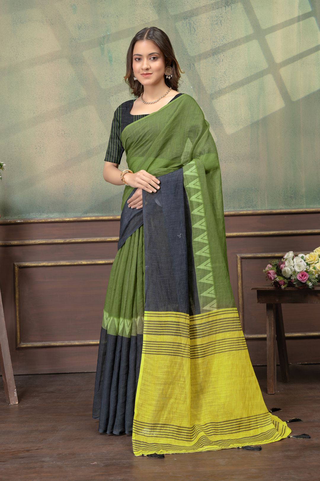Olive Green Linen Cotton Saree with Black Yellow Pallu
