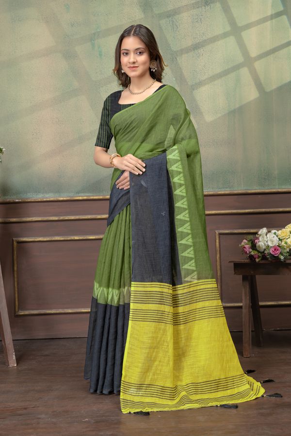 Olive Green Linen Cotton Saree with Black Yellow Pallu