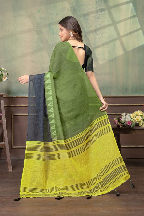 Olive Green Linen Cotton Saree with Black Yellow Pallu