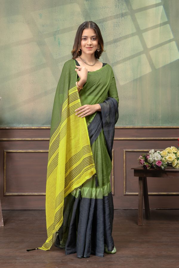 Olive Green Linen Cotton Saree with Black Yellow Pallu