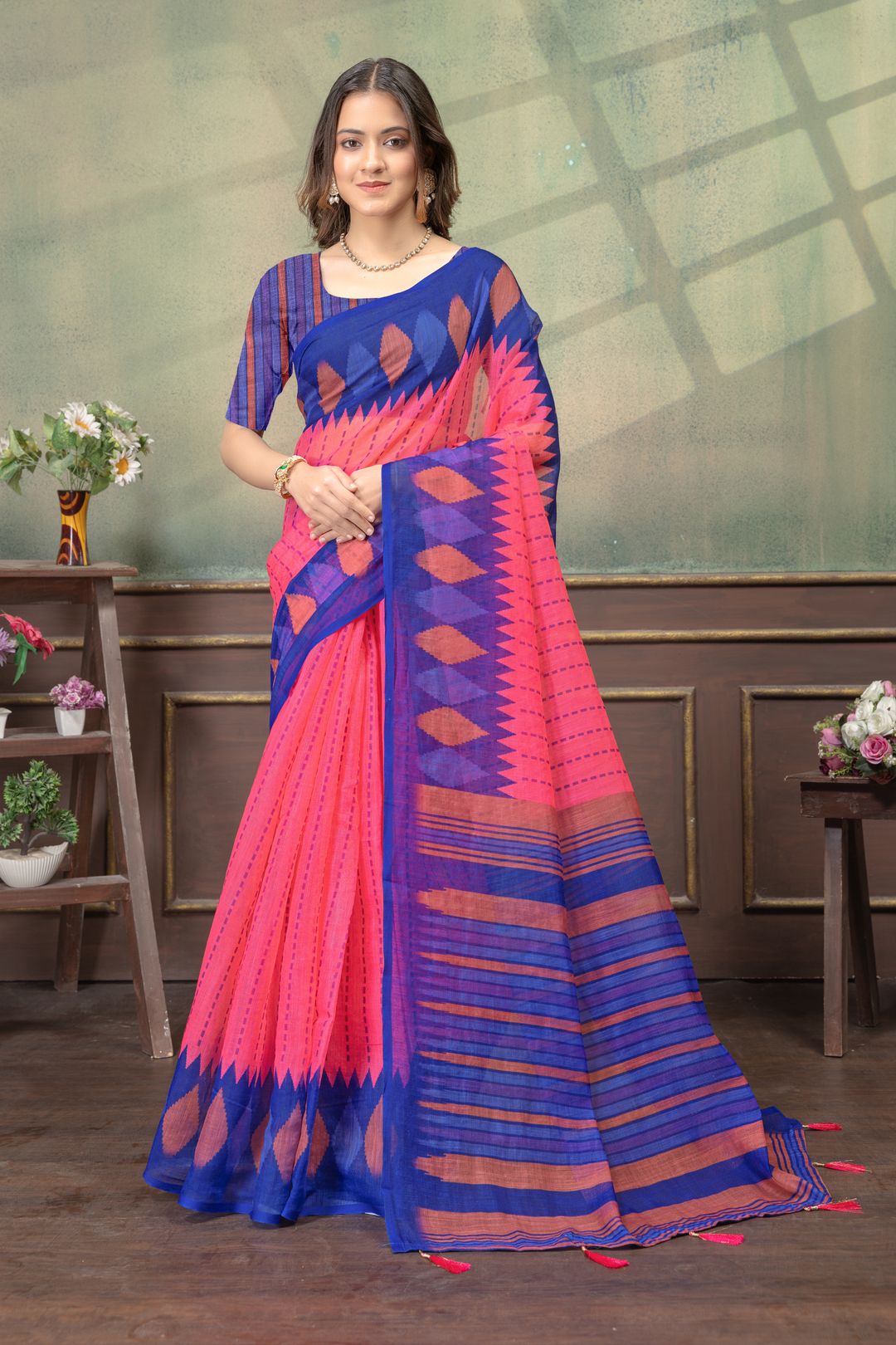 Olive Green Linen Cotton Saree with Black Yellow Border