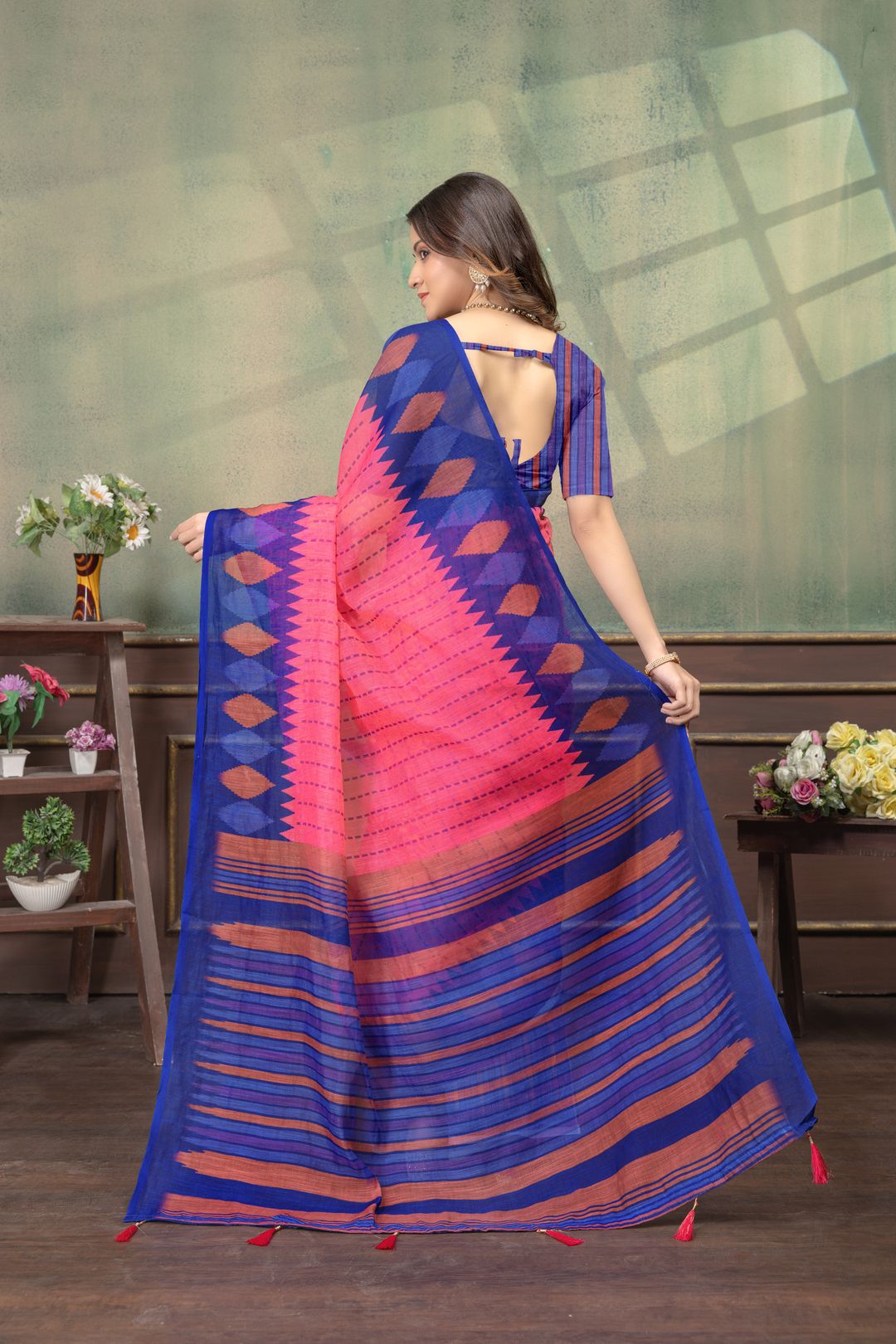 Olive Green Linen Cotton Saree with Black Yellow Border