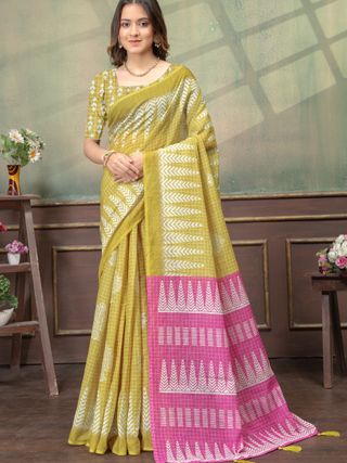 Mustard Satin Saree with Printed Pink Pallu & Blouse