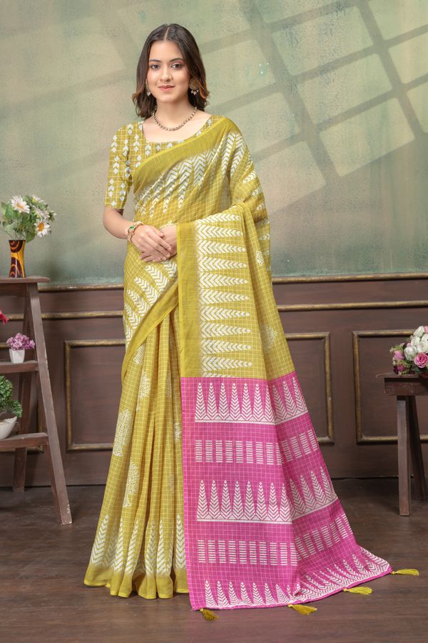 Mustard Satin Saree with Printed Pink Pallu & Blouse