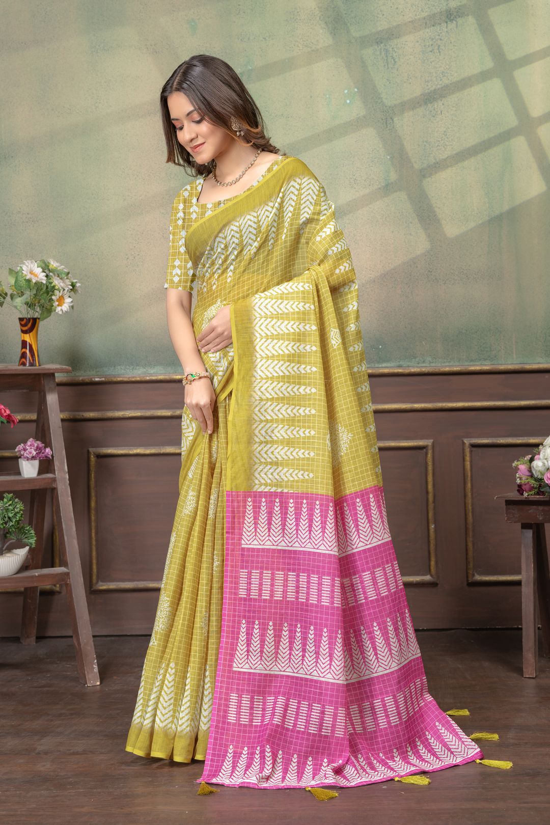 Mustard Satin Saree with Printed Pink Pallu & Blouse