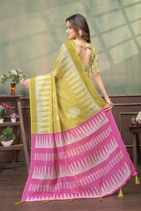Mustard Satin Saree with Printed Pink Pallu & Blouse