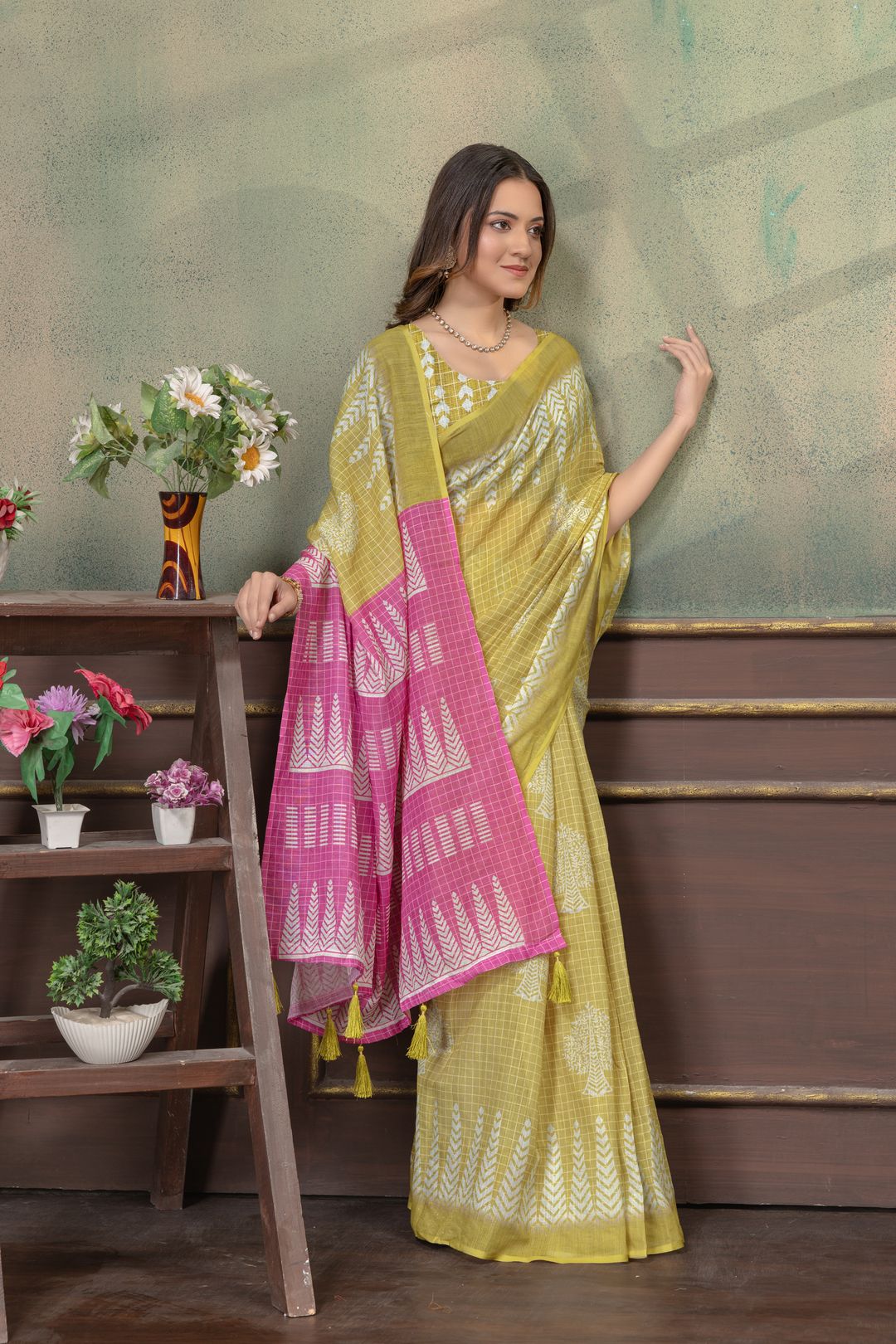 Mustard Satin Saree with Printed Pink Pallu & Blouse