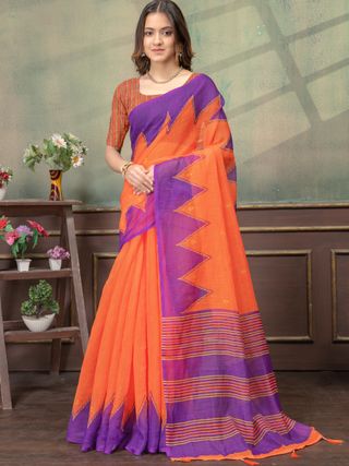 Orange Purple Satin Saree with Woven Zigzag Pallu for Women