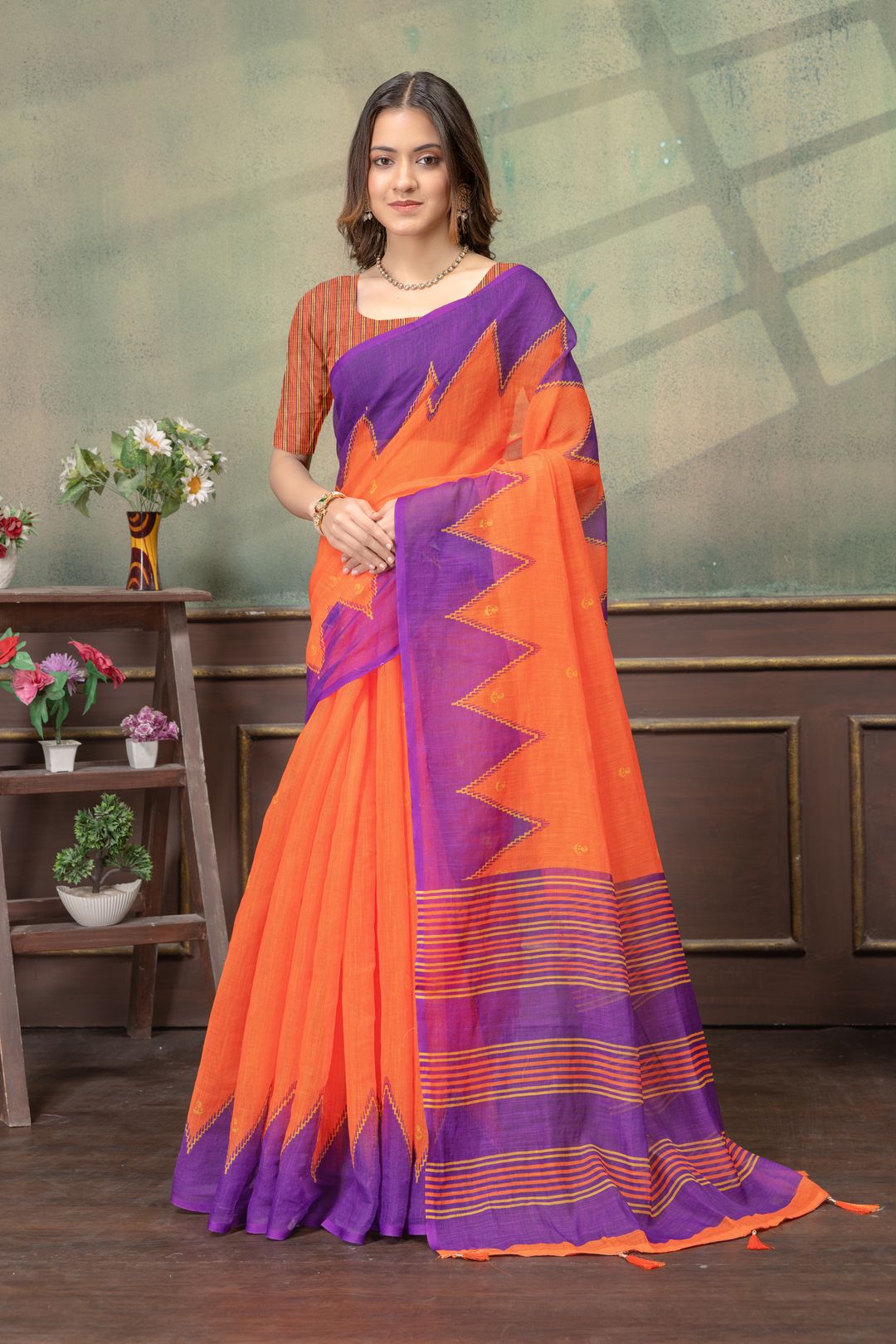 Orange Purple Satin Saree with Woven Zigzag Pallu for Women