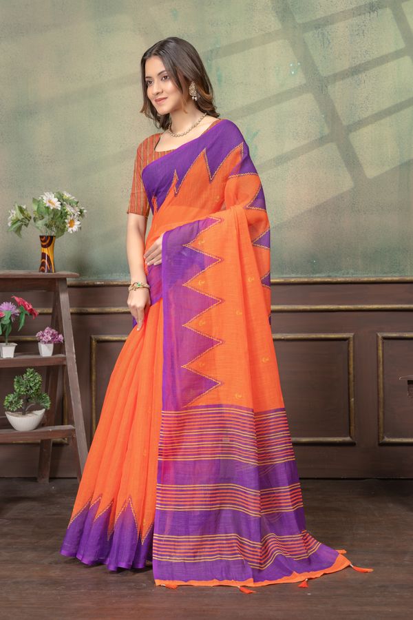 Orange Purple Satin Saree with Woven Zigzag Pallu for Women