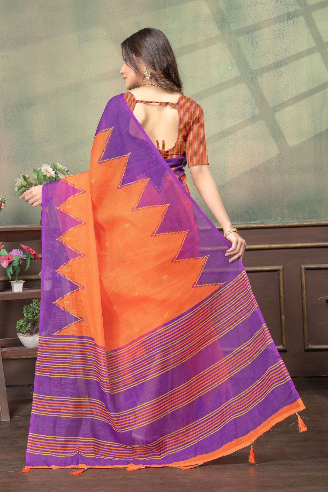 Orange Purple Satin Saree with Woven Zigzag Pallu for Women