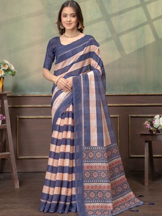 Indigo Peach Satin Saree with Striped Pallu and Border Work