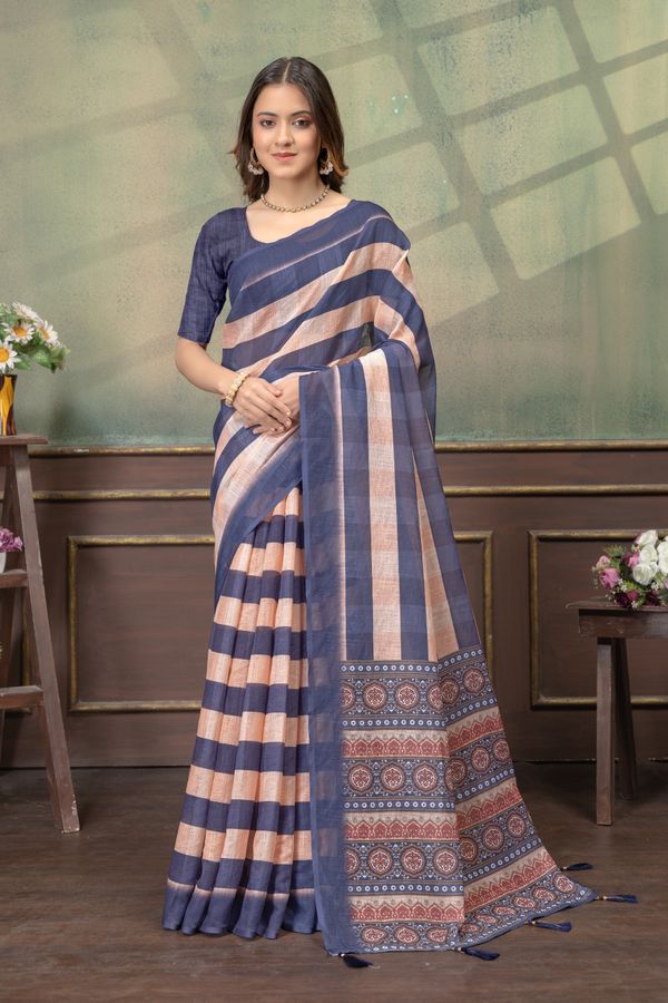 Indigo Peach Satin Saree with Striped Pallu and Border Work