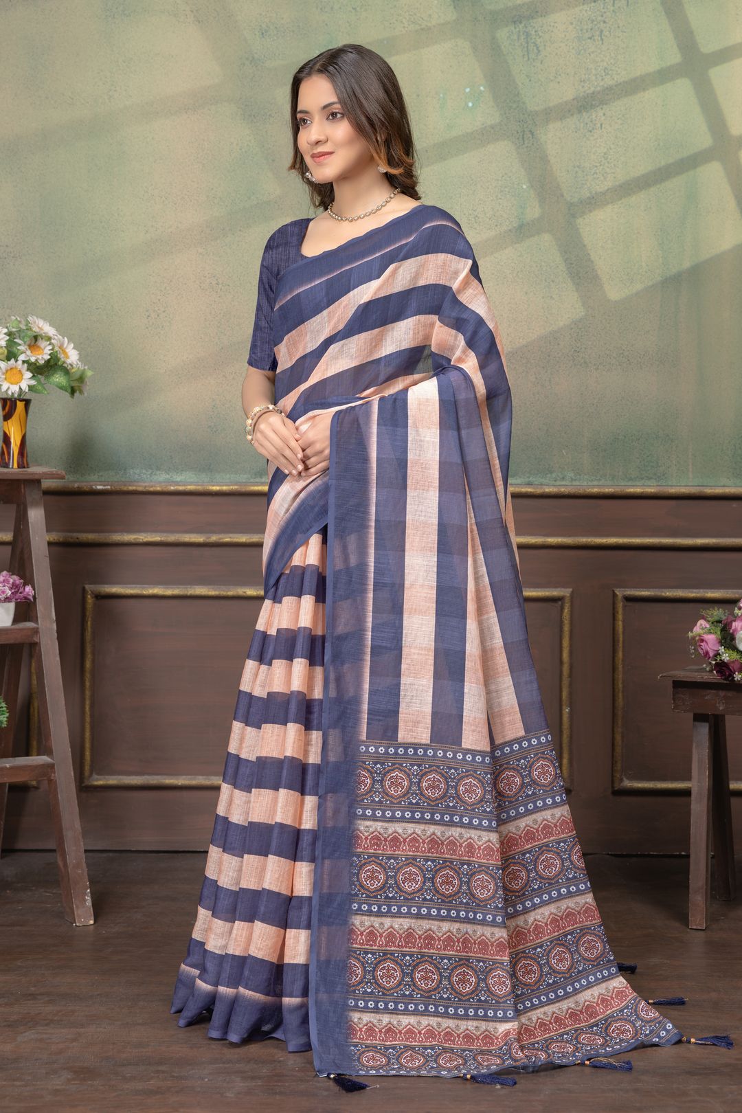 Indigo Peach Satin Saree with Striped Pallu and Border Work