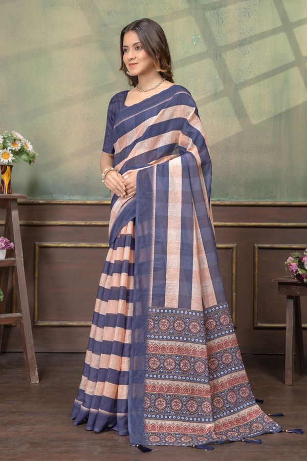 Indigo Peach Satin Saree with Striped Pallu and Border Work