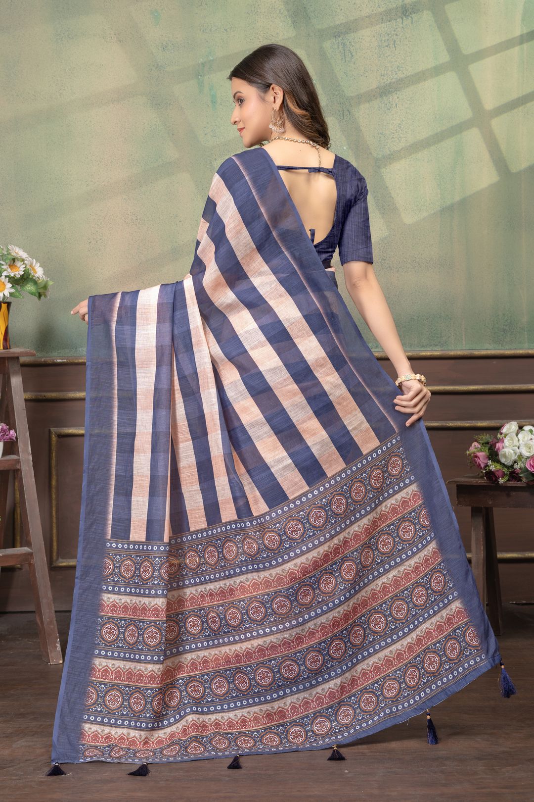 Indigo Peach Satin Saree with Striped Pallu and Border Work