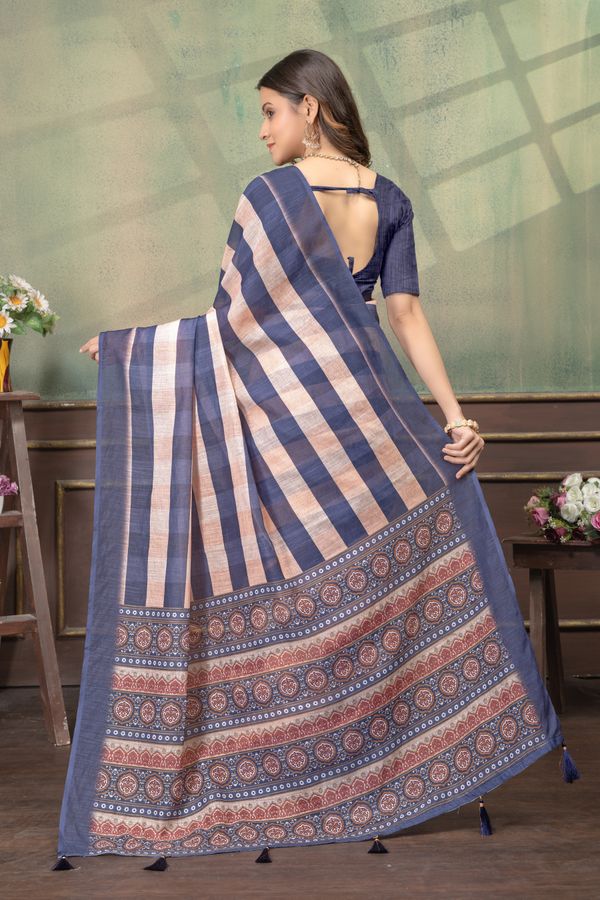 Indigo Peach Satin Saree with Striped Pallu and Border Work