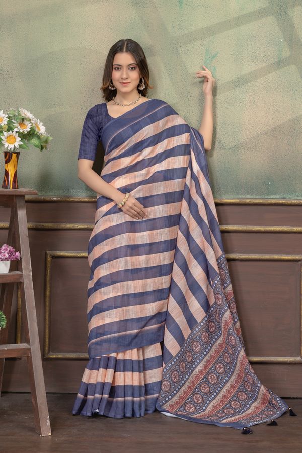 Indigo Peach Satin Saree with Striped Pallu and Border Work