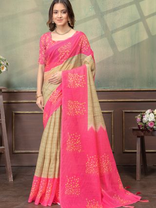 Pink Beige Satin Saree with Floral Print & Contrast Pallu