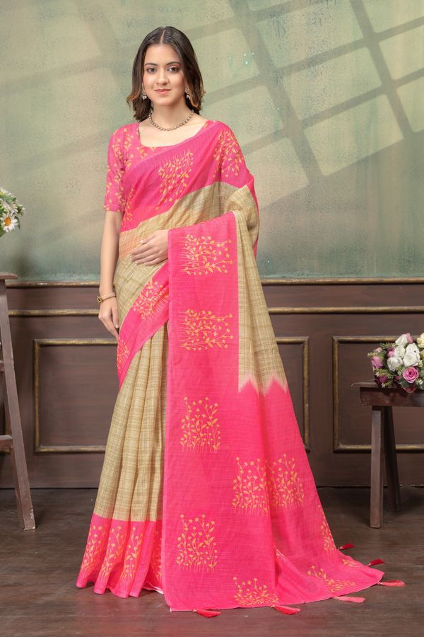Pink Beige Satin Saree with Floral Print & Contrast Pallu