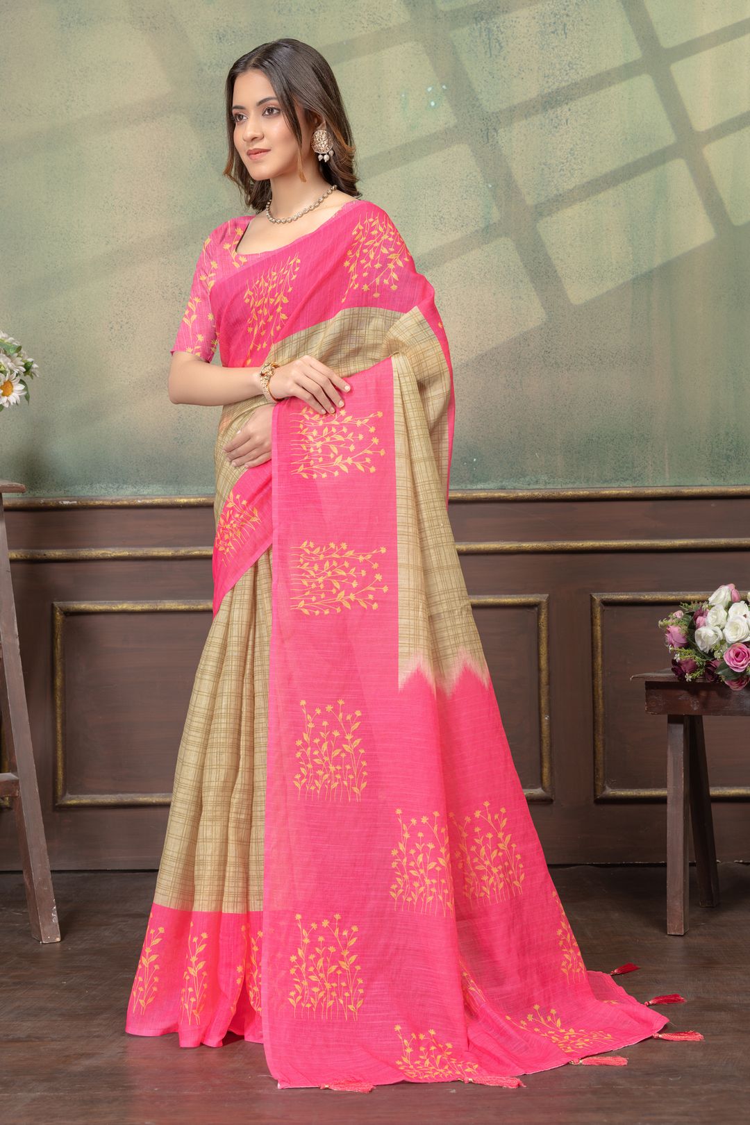 Pink Beige Satin Saree with Floral Print & Contrast Pallu