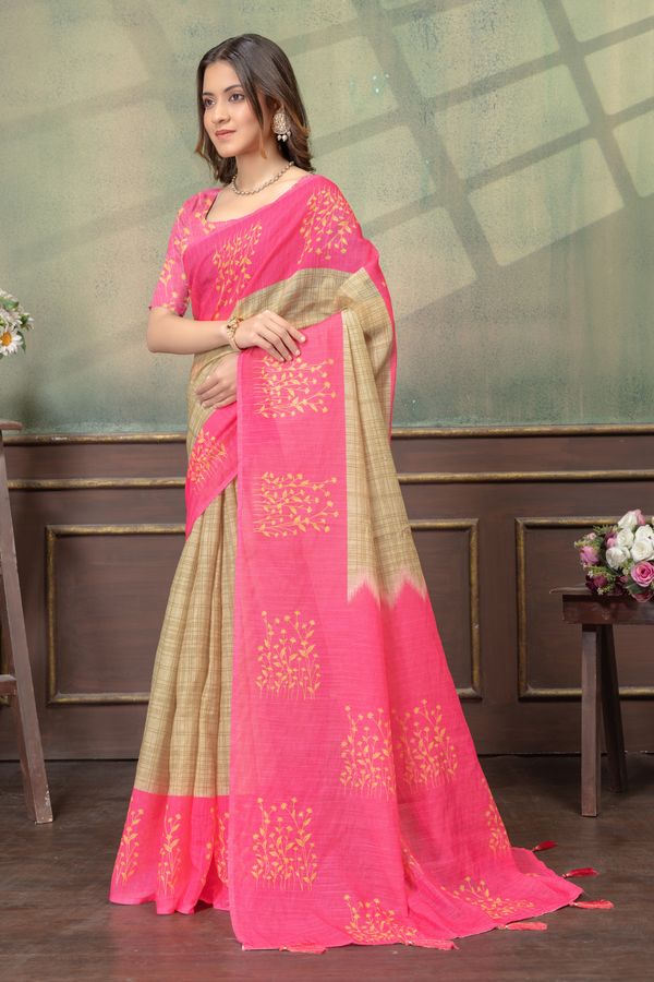 Pink Beige Satin Saree with Floral Print & Contrast Pallu