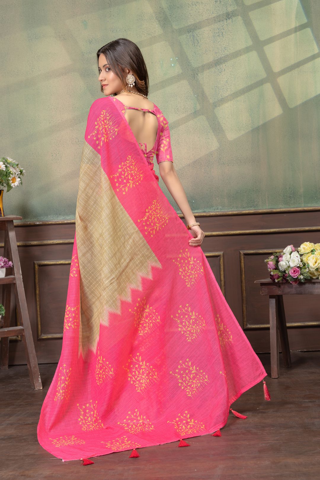 Pink Beige Satin Saree with Floral Print & Contrast Pallu