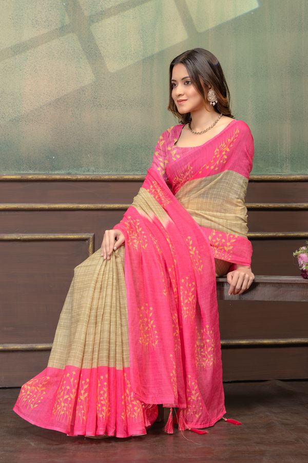 Pink Beige Satin Saree with Floral Print & Contrast Pallu