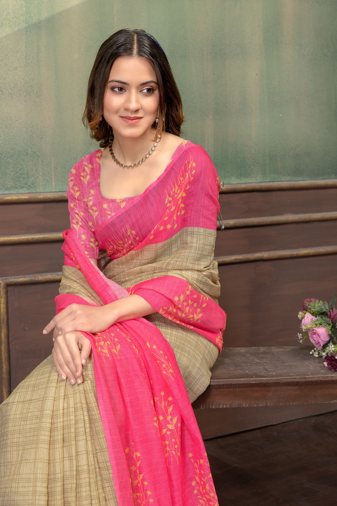 Pink Beige Satin Saree with Floral Print & Contrast Pallu