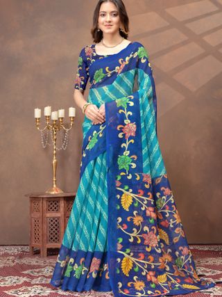 Varnavi Peacock Blue Printed Linen Cotton Saree With Border