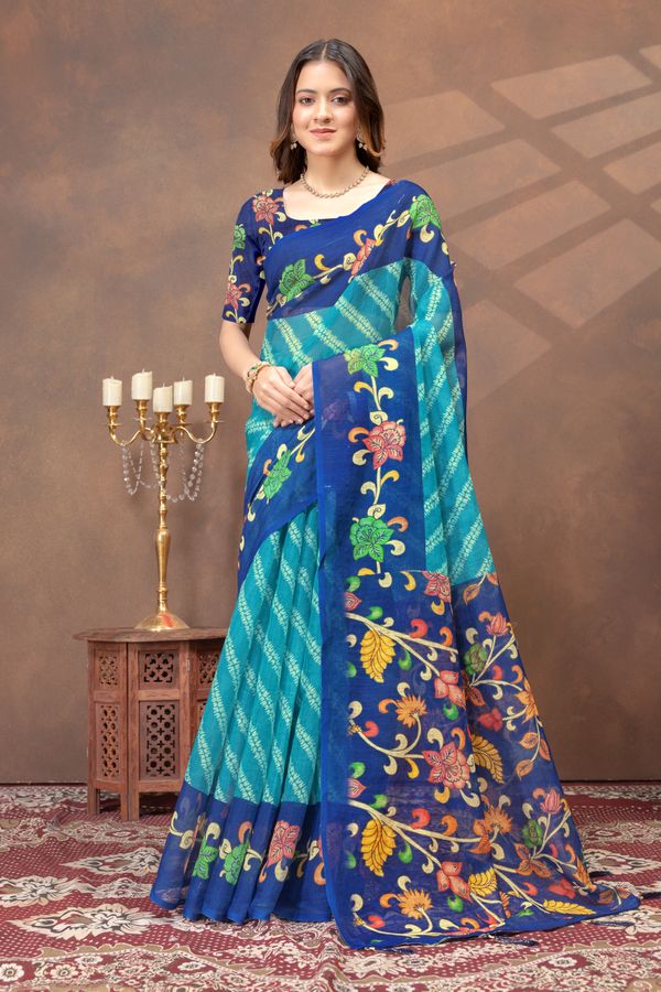 Varnavi Peacock Blue Printed Linen Cotton Saree With Border