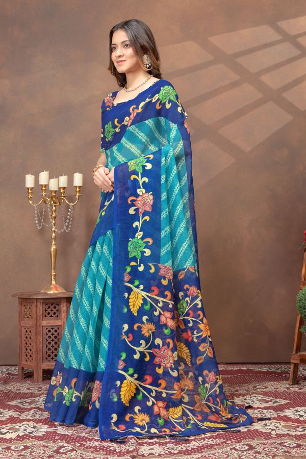 Varnavi Peacock Blue Printed Linen Cotton Saree With Border