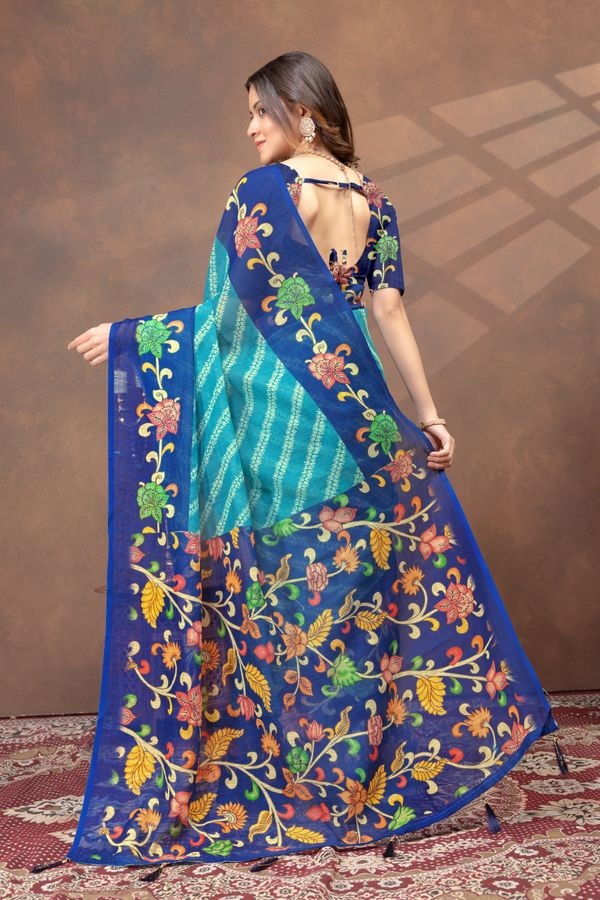 Varnavi Peacock Blue Printed Linen Cotton Saree With Border