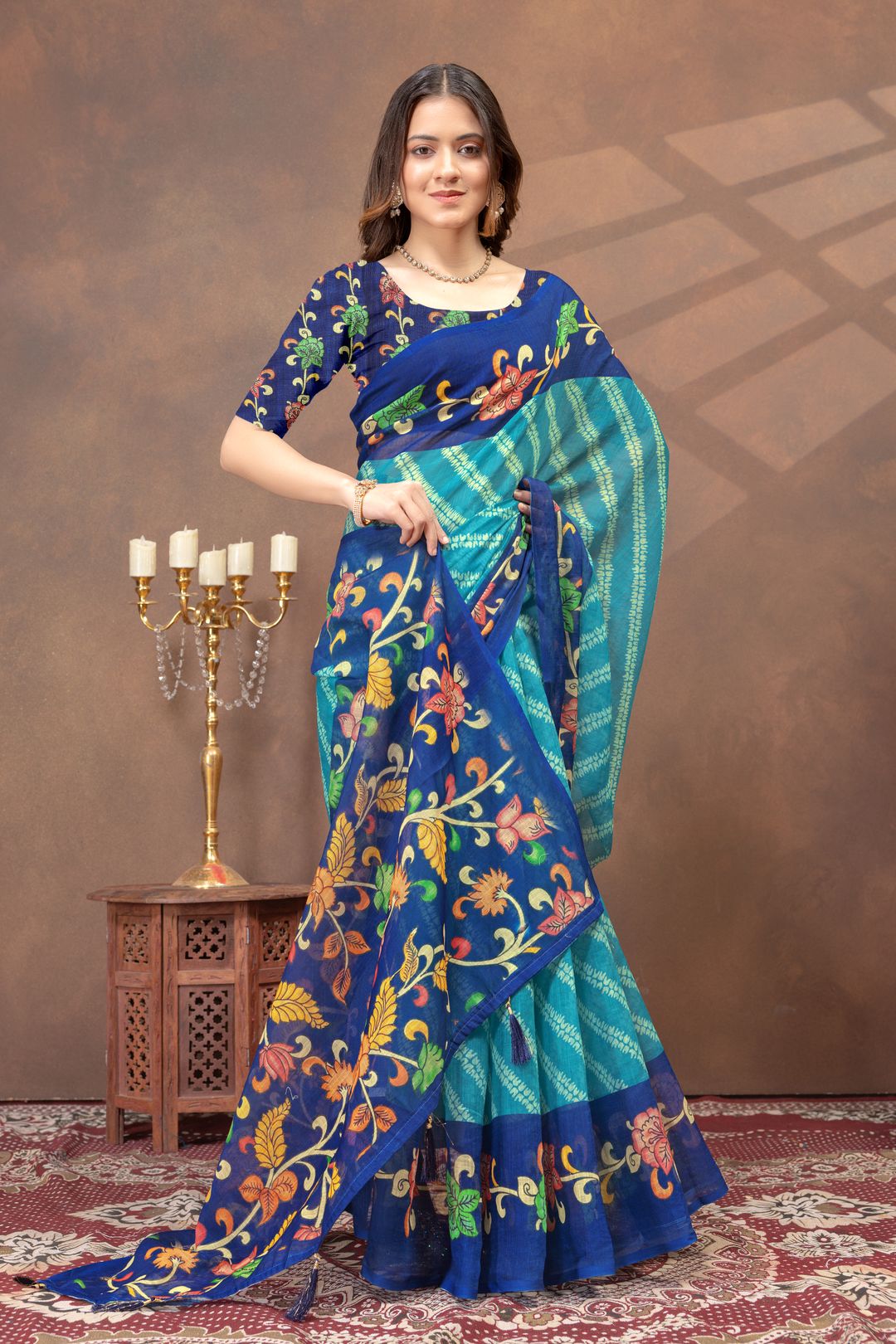 Varnavi Peacock Blue Printed Linen Cotton Saree With Border
