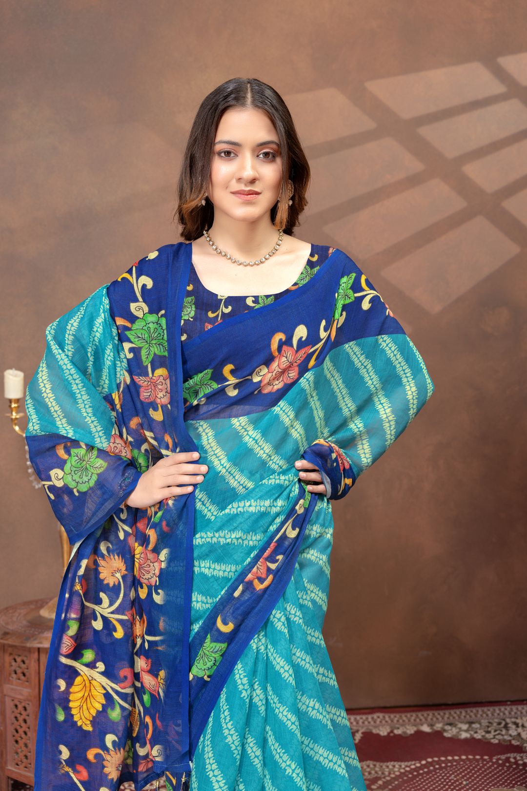 Varnavi Peacock Blue Printed Linen Cotton Saree With Border