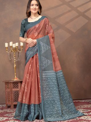 Teal Rust Floral Satin Saree with Printed Pallu and Borders