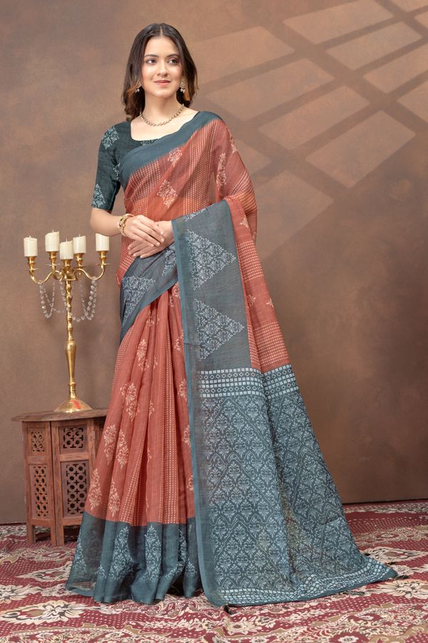 Teal Rust Floral Satin Saree with Printed Pallu and Borders