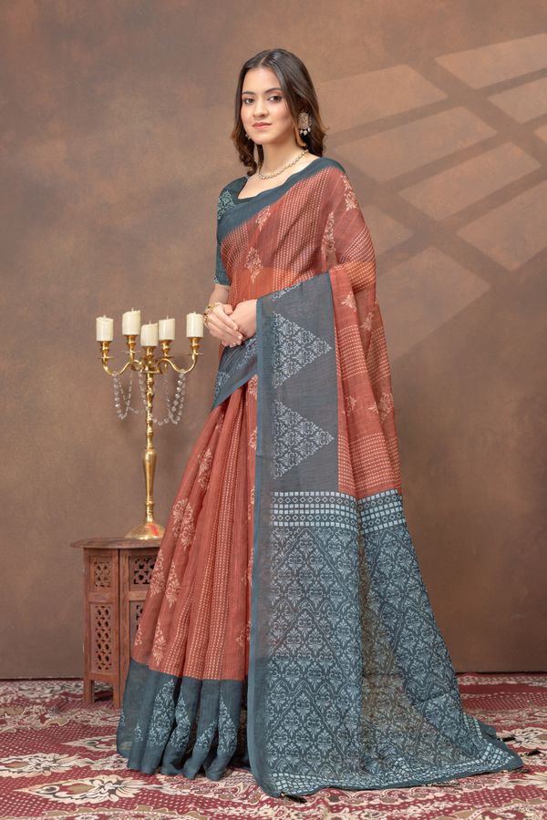 Teal Rust Floral Satin Saree with Printed Pallu and Borders