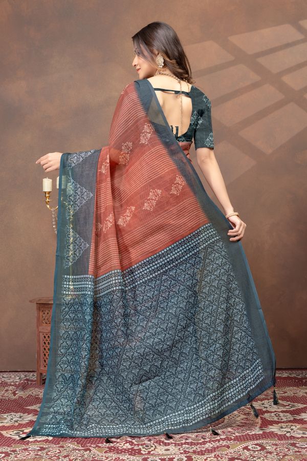 Teal Rust Floral Satin Saree with Printed Pallu and Borders