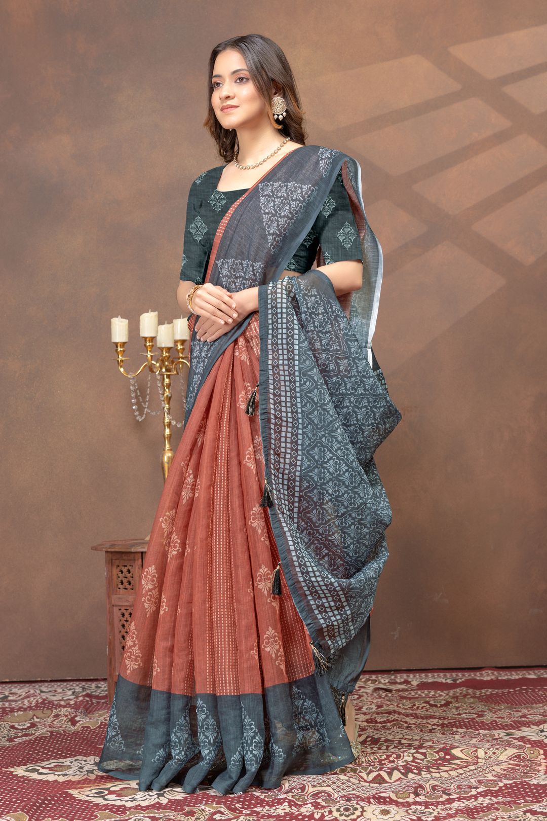 Teal Rust Floral Satin Saree with Printed Pallu and Borders