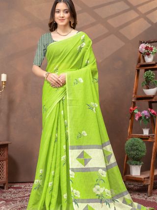 Varnavi Green Floral Linen Cotton Saree with Printed Border
