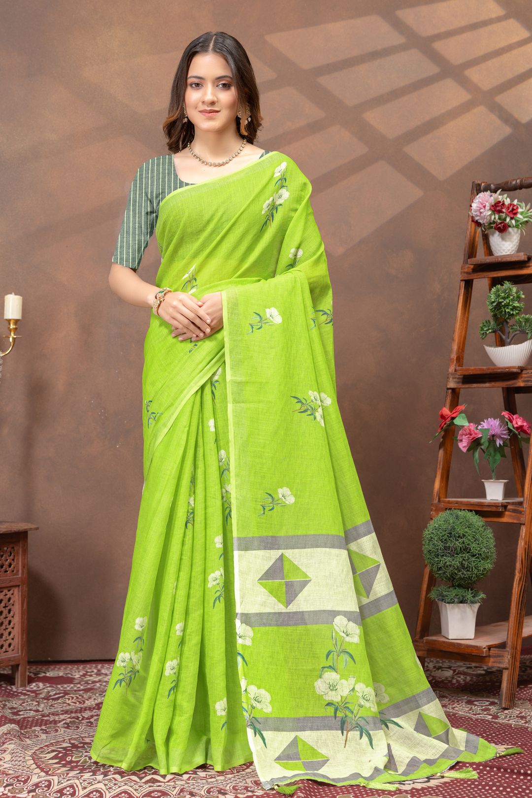 Varnavi Green Floral Linen Cotton Saree with Printed Border